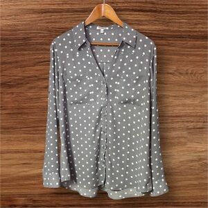 Express “The Portofino Shirt” Gray & White Polka Dot Button-Down Blouse